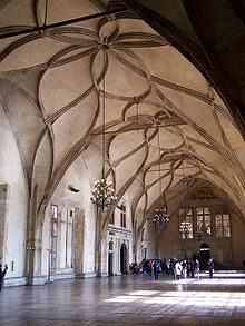 The Vladislav Hall in Prague (built 1493-1502) by Benedikt Rejt is the largest secular hall of the late Middle Ages. Prag Vladislav-Saal.jpg