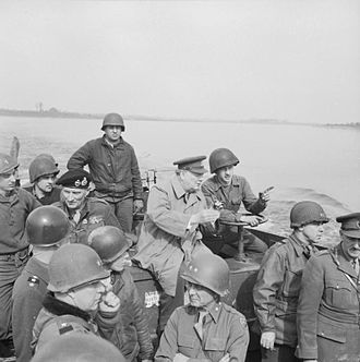 Churchill's crossing of the Rhine river in Germany, during Operation Plunder on 25 March 1945. Prime Minister Winston Churchill Crosses the River Rhine, Germany 1945 BU2248.jpg