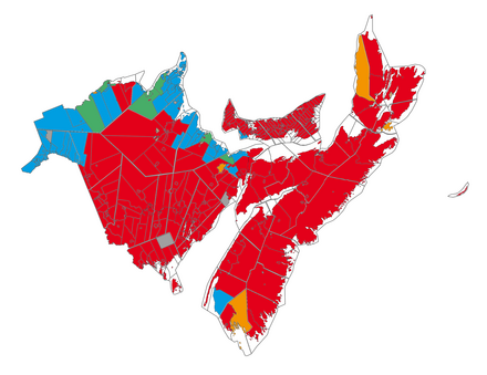 Map showing first languages in the Maritimes. Red represents a majority of Anglophones and less than 33% Francophones; Orange, a majority of Anglophones and more than 33% Francophones; Blue, a Francophone majority with less than 33% Anglophones; and green, a Francophone majority with more than 33% Anglophones.