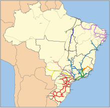 Map of Brazilian rail network, 2016 Railway network Brazil.svg