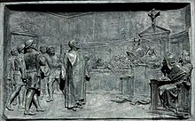Giordano Bruno vor der Inquisitionskommission. Historisierendes Relief von Ettore Ferrari (1848–1929) (Quelle: Wikimedia)