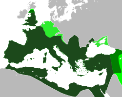 Ang Imperyong Romano sa pinakamalawak na sakop sa pamamahala ni Trajan noong 117 AD