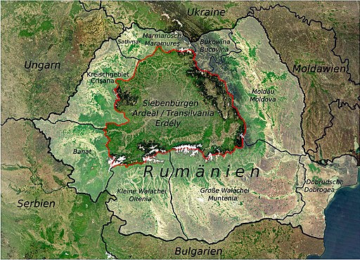 Siebenbürgen /Transilvania, Moldau, Walachei, Banat, Kreischgebiet, Marmarosch, Bukowina und Dobrudsch in Rumänien, Karte. Romania Regions Transylvania