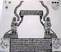 Rubbing from Denys monumental brass, 1505, Olveston Church. Maurice Denys(d.1466) to L. Sir Walter Denys(d.1506), his son, to R. The Denys paternal armorials are blazoned at top left: 3 leopard's faces jessant-de-lis overall a bend engrailled Rubbing of the Denys funerary brass, Saint Mary the Virgin, Olveston, Gloucestershire, England.jpg