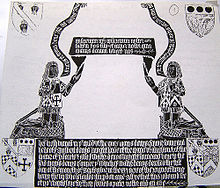 Rubbing of the brass Rubbing of the Denys funerary brass, Saint Mary the Virgin, Olveston, Gloucestershire, England.jpg