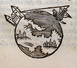 Picture from a 1550 edition of De sphaera, showing how the curvature of the Earth makes the mast of an approaching ship appear first Sacrobosco-1550-B3r-detail01.jpg