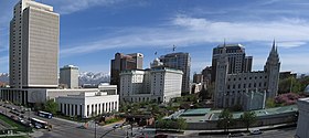 LDS Church campus in downtown Salt Lake City (Church Office Building, Joseph Smith Memorial Building, the Church Plaza, Salt Lake Temple, Temple Square, Salt Lake Tabernacle) of The Church of Jesus Christ of Latter-day Saints.