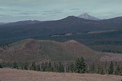 View down the north–northeast alignment of the Sand Mountain Volcanic Field, with Mount Jefferson visible in the distance