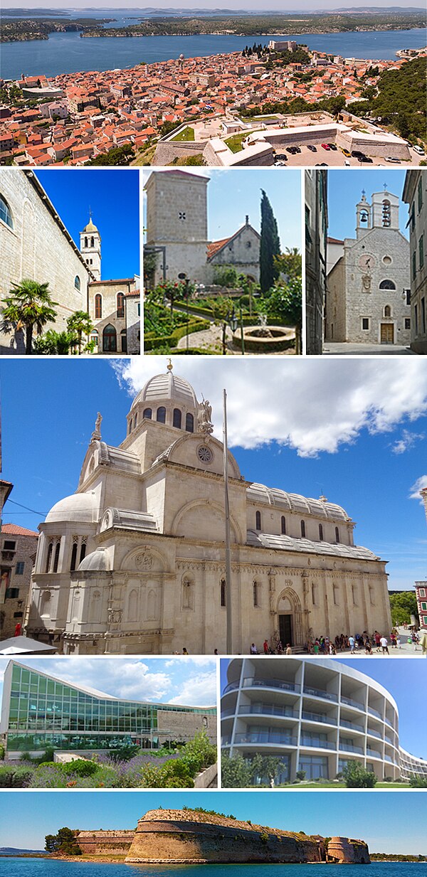 Top: Aerial view of Šibenik; Second row: St. Francis' Monastery, The Medieval Monastery Garden of St. Lawrence, Church of St. Barbara; Third row: Cath