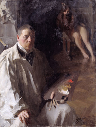 An 1896 self-portrait by Anders Zorn clearly showing a four-pigment palette of what are thought to be white, yellow ochre, vermillion, and black pigments.[32]