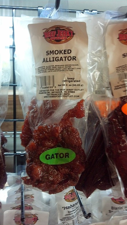 Smoked alligator jerky at a store in Richfield, Wisconsin, United States
