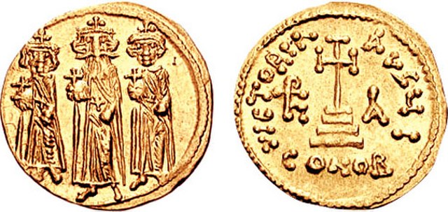 Byzantine coin depicting Constantine the New with his father Heraclius and brother Heraklonas.