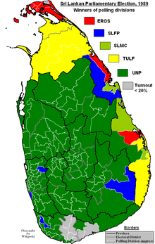 Winners of electoral districts. UNP in green and SLFP in blue. Sri Lankan Parliamentary Election 1989.png