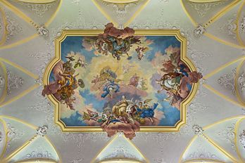 O triunfo de São Bento (1744) por Bartolomeo Altomonte. Afresco no teto da escadaria da abadia beneditina de Seitenstetten, Baixa Áustria. (definição 4 825 × 3 217)
