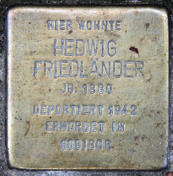 File:Stolperstein Brünnhildestr 3 (Fried) Hedwig Friedländer.jpg