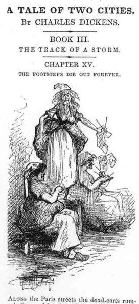 Illustration from a serialised edition of the story, showing three tricoteuses knitting, with the Vengeance standing in the centre.