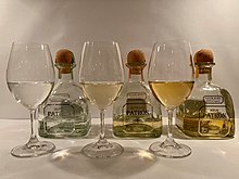 Three different varieties of tequila by age (left to right: blanco, reposado, añejo)