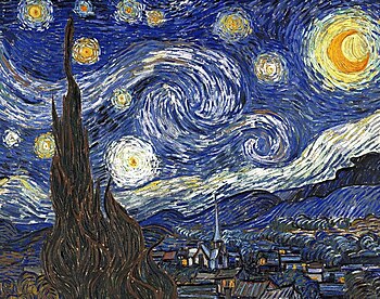 A painting of a scene at night with 10 swirly stars, Venus, and a bright yellow crescent Moon. In the background are hills, and in the foreground a cypress tree and houses.