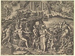 The Judgment of Paris; Paris seated on a rock choosing between the goddesses Venus, Juno, and Minerva, the god Mercury with a caduceus in between them MET DP821546.jpg