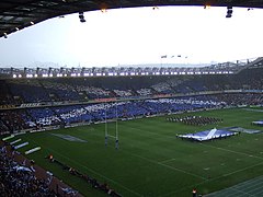 A variety of Saltires at Murrayfield Stadium; the national stadium of Rugby Union in Scotland.