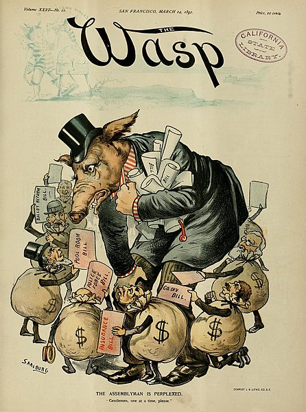 An 1891 cartoon about lobbying an American assemblyman