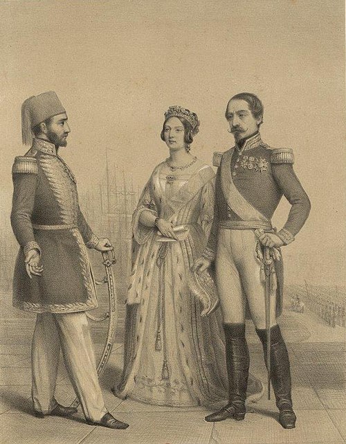 Sultan Abdulmejid (left) with Queen Victoria of the United Kingdom and Emperor Napoleon III of France