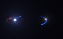 Künstlerische Darstellung der Umlaufbahnen des Planeten HD 131399 Ab (links) sowie des Doppelsterns HD 131399 BC (rechts) um den Zentralstern HD 131399 A (mitte)