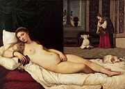 Maleri (olje).  Naken kvinne som ligger på en dagseng, blondt hår.  I bakgrunnen er tjenestepiker opptatt