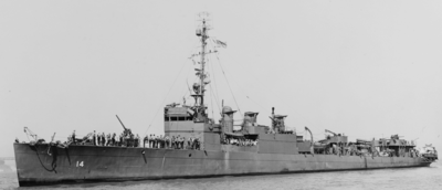Destroyer/Minesweeper USS Zane (DMS-14) after repair at Mare Island Navy Yard in San Francisco, California in September 1943. Note the three smokestacks of the fully configured minesweeper. USS Zane after repair at Mare Island in San Francisco 1943.PNG