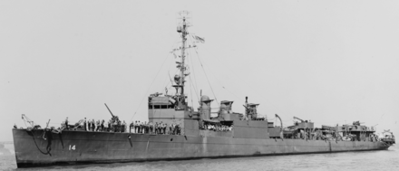 Wouk's ship Destroyer/Minesweeper USS Zane after repair at Mare Island, San Francisco, September 1943, Note forward anti-aircraft gun, and three smokestacks USS Zane after repair at Mare Island in San Francisco 1943.PNG