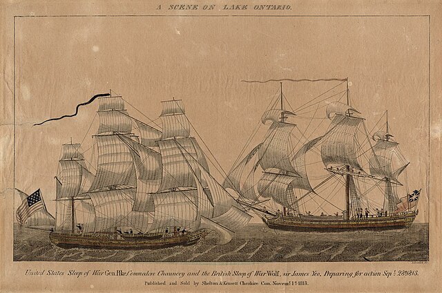 A scene on Lake Ontario – United States sloop of war Gen. Pike, Commodore Chauncey, and the British sloop of war Wolfe, Sir James Lucas Yeo, preparing