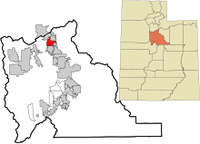 Utah County Eingemeindete und nicht rechtsfähige Gebiete in Utah Highland hervorgehoben.svg