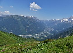 Vue de la vallée de Chamonix depuis le col du Mont-Lachat au sud-ouest.