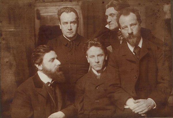 Members of the Munich Cosmic Circle, from left to right: Karl Wolfskehl, Alfred Schuler, Ludwig Klages, Stefan George, Albert Verwey (1902, photo by K