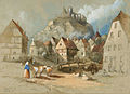 Deutsch: Böhmisches Dorf mit Blick auf eine Burgruine (wohl Hirschstein/Stary Herstejn), Aquarell über Bleistift, 1854. Ca. 27 x 38 cm