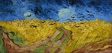 An expansive painting of a wheatfield, with a footpath going through the centre underneath dark and forbidding skies, through which a flock of black crows fly.
