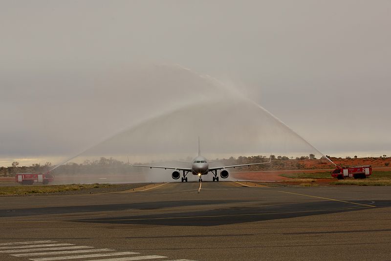 File:Water cannon salute for our first flight (8973313897).jpg