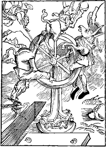 Wheel of fortune as depicted in Sebastian Brant's book, author Albrecht Dürer