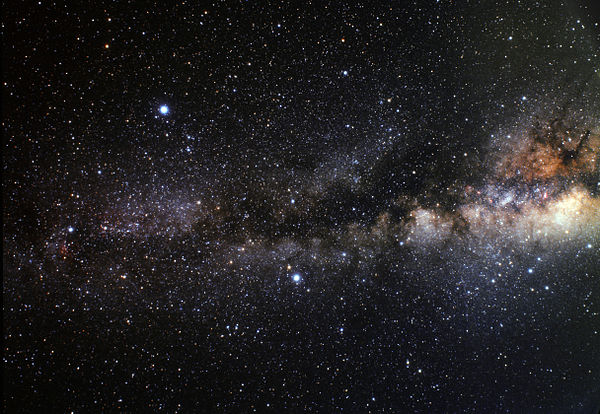 Wide-field view of the Summer Triangle and the Milky Way. Deneb is at the far left centre of the picture, at the end of the darker lane within the Mil