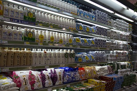 Yogurt in a refrigerator in a supermarket