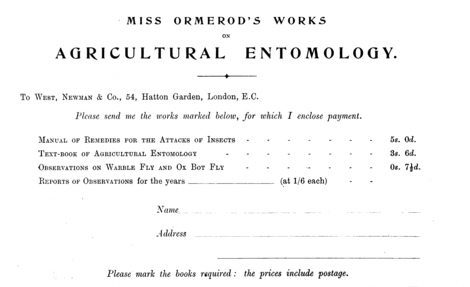 Table advertising "Miss Ormerod's works on agricultural entomology", with name and address fields for purchasing through the postal service.