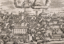 Schwarzweiss-Zeichnung einer Ansicht mehrerer Gebäude mit Bildunterschriften.