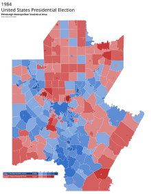 Results in the Pittsburgh Metropolitan Statistical Area shaded by municipality. 1984 United States Presidential Election in Pittsburgh Metropolitan Statistical Area.svg