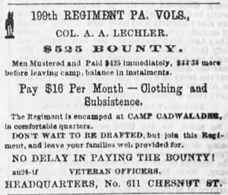 A newspaper recruiting advertisement for the regiment 199th Pennsylvania Infantry $525 Bounty advertisement.jpg