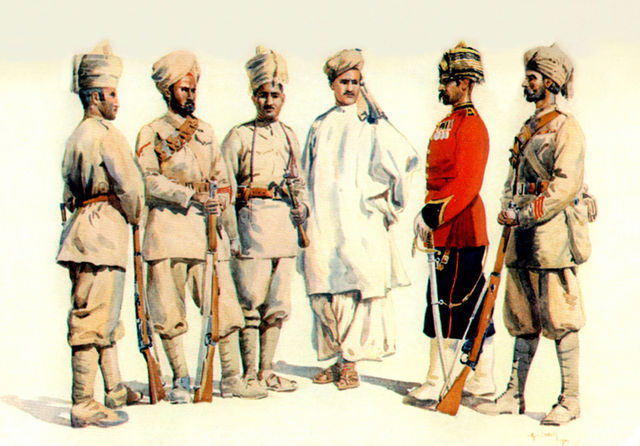 19th Punjabis. Left to Right: Afridi, Sikh, Bangash, Swati, Yusufzai, Punjabi Muslim. Watercolour by AC Lovett, 1910.