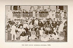 The first session of the Indian National Congress in 1885. The Congress was the first modern nationalist movement in the British Empire. 1st INC1885.jpg