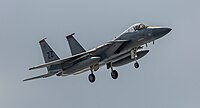 A US Air Force F-15C Eagle, tail number 81-0032, on final approach at Kadena Air Base in Okinawa, Japan.