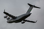 A Boeing C-17 Globemaster III, tail number 95-0103, taking off from RAF Mildenhall in the United Kingdom. It is assigned to the 62nd Airlift Wing and the 446th Airlift Wing at Joint Base Lewis McChord in Washington, USA.