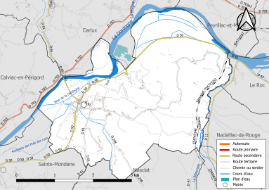 Carte en couleur présentant le réseau hydrographique de la commune