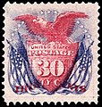 This is the first U.S. stamp where the U.S. flag was a significant part of the design. Although adopted June 14, 1777, when the Continental Congress resolved that "the Flag of the united states be 13 stripes alternate red and white, that the Union be 13 stars white in a blue field representing a new constellation," the origin of the national flag is somewhat obscure. Legend has it that George Washington asked Betsy Ross to produce the first Stars and Stripes, although that is not documented. She is known to have supplied flags to the Continental Navy. Prior to the Stars and Stripes was the Continental Colors, which included 13 horizontal red and white stripes for the 13 colonies, and the British Union Jack as a depiction of the rebels' desire for the historic rights of British citizens. The how and why of the change from the Union Jack to stars is not known. Prior to that time, stars were uncommon on flags; since that time, they have become popular. After Kentucky and Vermont joined the Union, two stars and two stripes were added in 1795. Such a flag inspired Francis Scott Key to write The Star Spangled Banner. The design of the flag again was changed in 1818, with the decision to keep the 13 stripes permanently and to add stars to indicate the current number of states in the Union. To date, the U.S. flag has been through 27 versions, the most recent introduced July 4, 1960, when Hawaii was admitted to statehood. Until 1912, no official pattern existed for the arrangement of the stars. Flags of the 19th century varied greatly in their star patterns, in the number of points on the stars, in the shades of red and blue, in the length-to-width ratio of the flag, and in other details. It was not until the 20th century that such factors were standardized.